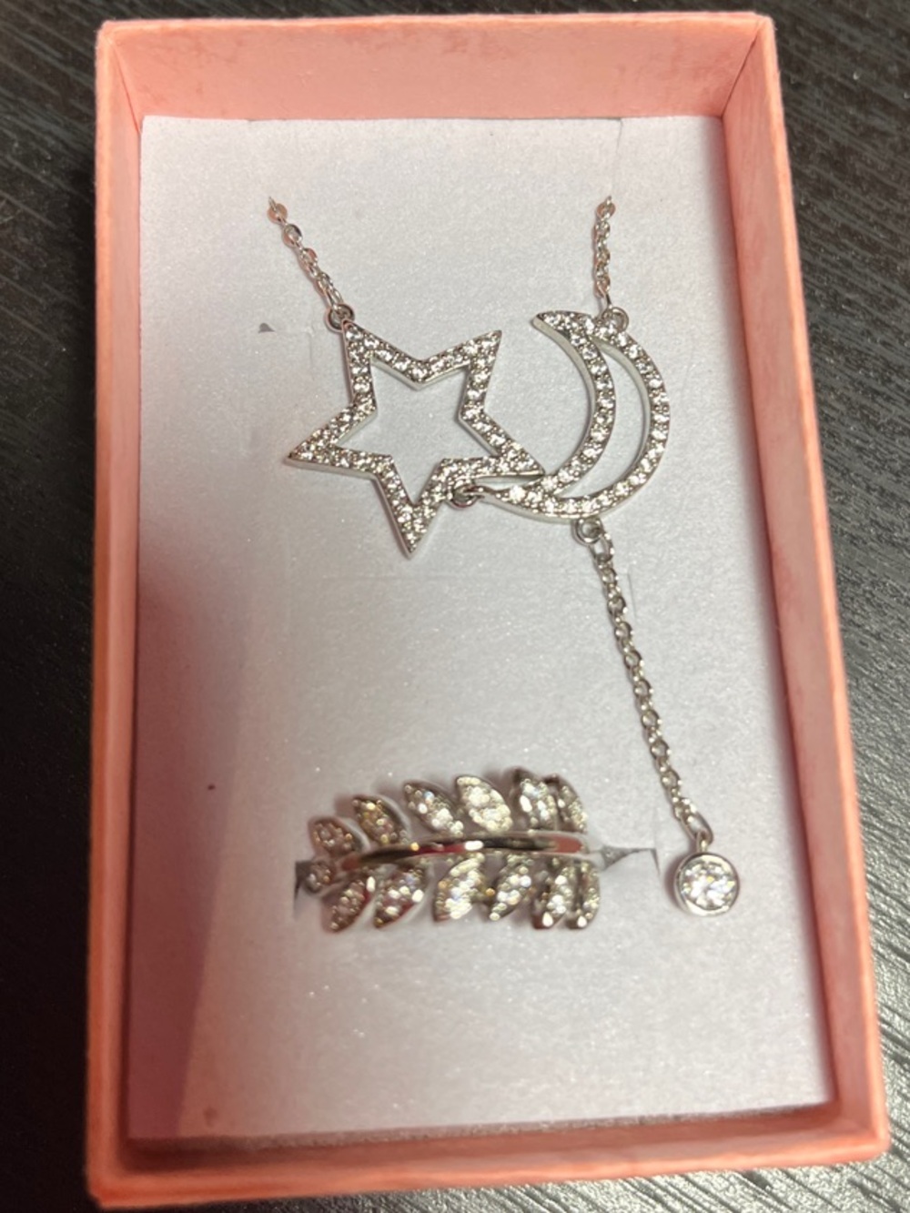 Pretty Bird Jewelry - Silver Star & Crescent Necklace with Leaf Ring